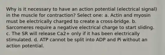 Why is it necessary to have an action potential (electrical signal) in the muscle for contraction? Select one: a. Actin and myosin must be electrically charged to create a cross-bridge. b. Sarcomeres require a negative electrical charge to start sliding. c. The SR will release Ca2+ only if it has been electrically stimulated. d. ATP cannot be split into ADP and Pi without an action potential.