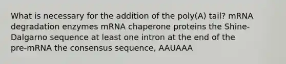 What is necessary for the addition of the poly(A) tail? mRNA degradation enzymes mRNA chaperone proteins the Shine-Dalgarno sequence at least one intron at the end of the pre‑mRNA the consensus sequence, AAUAAA