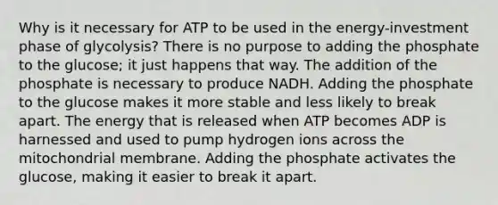 Why is it necessary for ATP to be used in the energy-investment phase of glycolysis? There is no purpose to adding the phosphate to the glucose; it just happens that way. The addition of the phosphate is necessary to produce NADH. Adding the phosphate to the glucose makes it more stable and less likely to break apart. The energy that is released when ATP becomes ADP is harnessed and used to pump hydrogen ions across the mitochondrial membrane. Adding the phosphate activates the glucose, making it easier to break it apart.