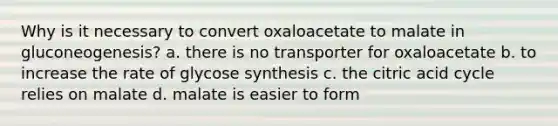 Why is it necessary to convert oxaloacetate to malate in gluconeogenesis? a. there is no transporter for oxaloacetate b. to increase the rate of glycose synthesis c. the citric acid cycle relies on malate d. malate is easier to form