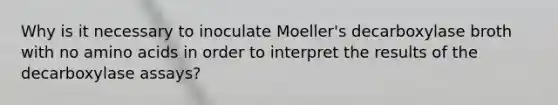 Why is it necessary to inoculate Moeller's decarboxylase broth with no <a href='https://www.questionai.com/knowledge/k9gb720LCl-amino-acids' class='anchor-knowledge'>amino acids</a> in order to interpret the results of the decarboxylase assays?