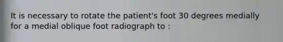 It is necessary to rotate the patient's foot 30 degrees medially for a medial oblique foot radiograph to :