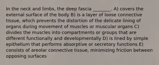 In the neck and limbs, the deep fascia ________. A) covers the external surface of the body B) is a layer of loose <a href='https://www.questionai.com/knowledge/kYDr0DHyc8-connective-tissue' class='anchor-knowledge'>connective tissue</a>, which prevents the distortion of the delicate lining of organs during movement of muscles or muscular organs C) divides the muscles into compartments or groups that are different functionally and developmentally D) is lined by simple epithelium that performs absorptive or secretory functions E) consists of areolar connective tissue, minimizing friction between opposing surfaces