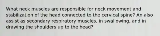 What neck muscles are responsible for neck movement and stabilization of the head connected to the cervical spine? An also assist as secondary respiratory muscles, in swallowing, and in drawing the shoulders up to the head?