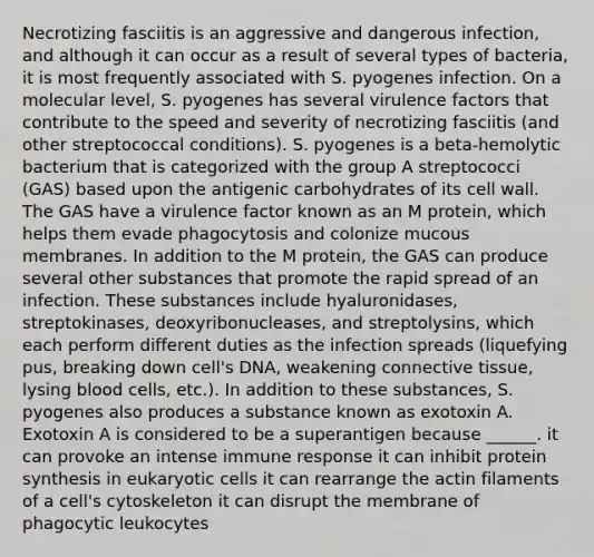 Necrotizing fasciitis is an aggressive and dangerous infection, and although it can occur as a result of several types of bacteria, it is most frequently associated with S. pyogenes infection. On a molecular level, S. pyogenes has several virulence factors that contribute to the speed and severity of necrotizing fasciitis (and other streptococcal conditions). S. pyogenes is a beta-hemolytic bacterium that is categorized with the group A streptococci (GAS) based upon the antigenic carbohydrates of its cell wall. The GAS have a virulence factor known as an M protein, which helps them evade phagocytosis and colonize mucous membranes. In addition to the M protein, the GAS can produce several other substances that promote the rapid spread of an infection. These substances include hyaluronidases, streptokinases, deoxyribonucleases, and streptolysins, which each perform different duties as the infection spreads (liquefying pus, breaking down cell's DNA, weakening connective tissue, lysing blood cells, etc.). In addition to these substances, S. pyogenes also produces a substance known as exotoxin A. Exotoxin A is considered to be a superantigen because ______. it can provoke an intense immune response it can inhibit protein synthesis in eukaryotic cells it can rearrange the actin filaments of a cell's cytoskeleton it can disrupt the membrane of phagocytic leukocytes