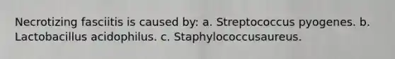 Necrotizing fasciitis is caused by: a. Streptococcus pyogenes. b. Lactobacillus acidophilus. c. Staphylococcusaureus.