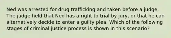 Ned was arrested for drug trafficking and taken before a judge. The judge held that Ned has a right to trial by jury, or that he can alternatively decide to enter a guilty plea. Which of the following stages of criminal justice process is shown in this scenario?