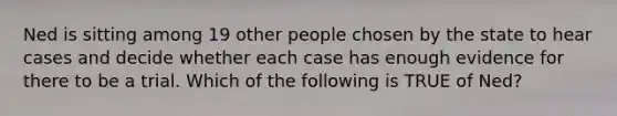 Ned is sitting among 19 other people chosen by the state to hear cases and decide whether each case has enough evidence for there to be a trial. Which of the following is TRUE of Ned?