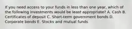 If you need access to your funds in less than one year, which of the following investments would be least appropriate? A. Cash B. Certificates of deposit C. Short-term government bonds D. Corporate bonds E. Stocks and mutual funds