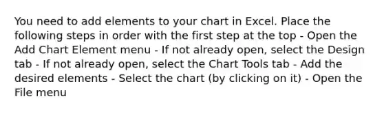 You need to add elements to your chart in Excel. Place the following steps in order with the first step at the top - Open the Add Chart Element menu - If not already open, select the Design tab - If not already open, select the Chart Tools tab - Add the desired elements - Select the chart (by clicking on it) - Open the File menu