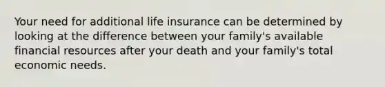 Your need for additional life insurance can be determined by looking at the difference between your family's available financial resources after your death and your family's total economic needs.