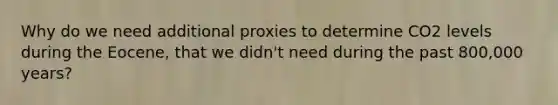 Why do we need additional proxies to determine CO2 levels during the Eocene, that we didn't need during the past 800,000 years?