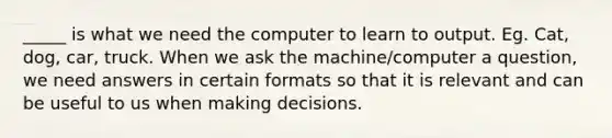 _____ is what we need the computer to learn to output. Eg. Cat, dog, car, truck. When we ask the machine/computer a question, we need answers in certain formats so that it is relevant and can be useful to us when making decisions.