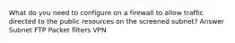 What do you need to configure on a firewall to allow traffic directed to the public resources on the screened subnet? Answer Subnet FTP Packet filters VPN