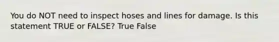 You do NOT need to inspect hoses and lines for damage. Is this statement TRUE or FALSE? True False