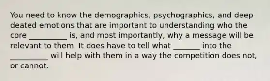 You need to know the demographics, psychographics, and deep-deated emotions that are important to understanding who the core __________ is, and most importantly, why a message will be relevant to them. It does have to tell what _______ into the __________ will help with them in a way the competition does not, or cannot.