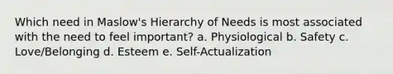 Which need in Maslow's Hierarchy of Needs is most associated with the need to feel important? a. Physiological b. Safety c. Love/Belonging d. Esteem e. Self-Actualization