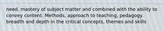 need. mastery of subject matter and combined with the ability to convey content. Methods, approach to teaching, pedagogy. breadth and depth in the critical concepts, themes and skills