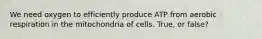 We need oxygen to efficiently produce ATP from aerobic respiration in the mitochondria of cells. True, or false?