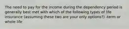 The need to pay for the income during the dependency period is generally best met with which of the following types of life insurance (assuming these two are your only options?) -term or whole life