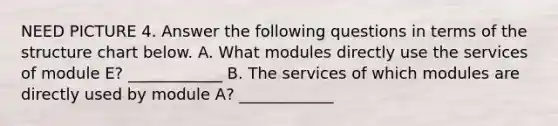 NEED PICTURE 4. Answer the following questions in terms of the structure chart below. A. What modules directly use the services of module E? ____________ B. The services of which modules are directly used by module A? ____________