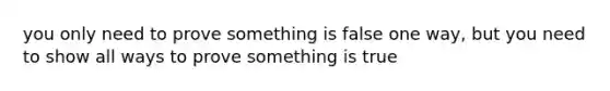 you only need to prove something is false one way, but you need to show all ways to prove something is true