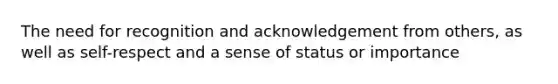 The need for recognition and acknowledgement from others, as well as self-respect and a sense of status or importance