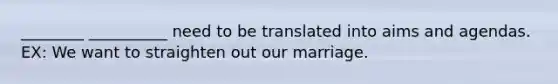 ________ __________ need to be translated into aims and agendas. EX: We want to straighten out our marriage.