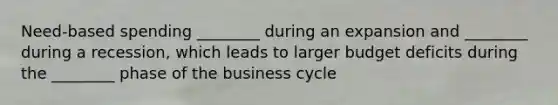 Need-based spending ________ during an expansion and ________ during a recession, which leads to larger budget deficits during the ________ phase of the business cycle