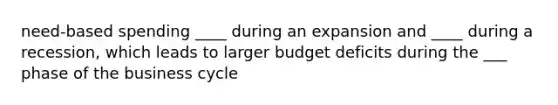 need-based spending ____ during an expansion and ____ during a recession, which leads to larger budget deficits during the ___ phase of the business cycle