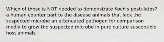 Which of these is NOT needed to demonstrate Koch's postulates? a human counter part to the disease animals that lack the suspected microbe an attenuated pathogen for comparison media to grow the suspected microbe in pure culture susceptible host animals