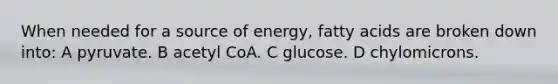 When needed for a source of energy, fatty acids are broken down into: A pyruvate. B acetyl CoA. C glucose. D chylomicrons.