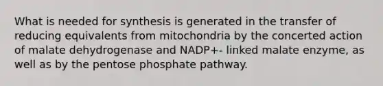 What is needed for synthesis is generated in the transfer of reducing equivalents from mitochondria by the concerted action of malate dehydrogenase and NADP+- linked malate enzyme, as well as by <a href='https://www.questionai.com/knowledge/kU2OmaBWIM-the-pentose-phosphate-pathway' class='anchor-knowledge'>the pentose phosphate pathway</a>.