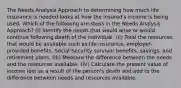 The Needs Analysis Approach to determining how much life insurance is needed looks at how the insured's income is being used. Which of the following are steps in the Needs Analysis Approach? (I) Identify the needs that would arise or would continue following death of the individual. (II) Total the resources that would be available such as life insurance, employer-provided benefits, Social Security survivor benefits, savings, and retirement plans. (III) Measure the difference between the needs and the resources available. (IV) Calculate the present value of income lost as a result of the person's death and add to the difference between needs and resources available.