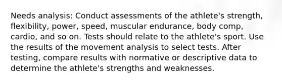 Needs analysis: Conduct assessments of the athlete's strength, flexibility, power, speed, muscular endurance, body comp, cardio, and so on. Tests should relate to the athlete's sport. Use the results of the movement analysis to select tests. After testing, compare results with normative or descriptive data to determine the athlete's strengths and weaknesses.