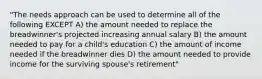 "The needs approach can be used to determine all of the following EXCEPT A) the amount needed to replace the breadwinner's projected increasing annual salary B) the amount needed to pay for a child's education C) the amount of income needed if the breadwinner dies D) the amount needed to provide income for the surviving spouse's retirement"