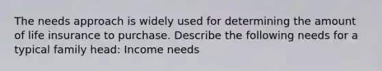 The needs approach is widely used for determining the amount of life insurance to purchase. Describe the following needs for a typical family head: Income needs