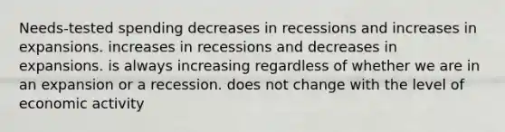 Needs-tested spending decreases in recessions and increases in expansions. increases in recessions and decreases in expansions. is always increasing regardless of whether we are in an expansion or a recession. does not change with the level of economic activity