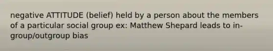 negative ATTITUDE (belief) held by a person about the members of a particular social group ex: Matthew Shepard leads to in-group/outgroup bias