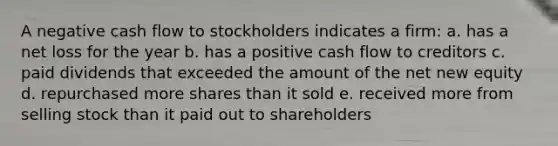 A negative cash flow to stockholders indicates a firm: a. has a net loss for the year b. has a positive cash flow to creditors c. paid dividends that exceeded the amount of the net new equity d. repurchased more shares than it sold e. received more from selling stock than it paid out to shareholders