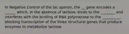 In Negative Control of the lac operon, the __ gene encodes a ______ which, in the absence of lactose, binds to the ________ and interferes with the binding of RNA polymerase to the __________, blocking transcription of the three structural genes that produce enzymes to metabolize lactose.