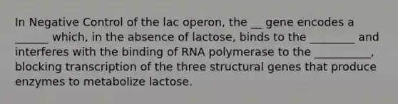 In Negative Control of the lac operon, the __ gene encodes a ______ which, in the absence of lactose, binds to the ________ and interferes with the binding of RNA polymerase to the __________, blocking transcription of the three structural genes that produce enzymes to metabolize lactose.