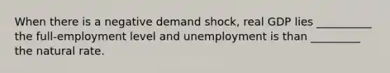 When there is a negative demand shock, real GDP lies __________ the full-employment level and unemployment is than _________ the natural rate.