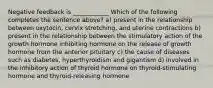 Negative feedback is ____________ Which of the following completes the sentence above? a) present in the relationship between oxytocin, cervix stretching, and uterine contractions b) present in the relationship between the stimulatory action of the growth hormone inhibiting hormone on the release of growth hormone from the anterior pituitary c) the cause of diseases such as diabetes, hyperthyroidism and gigantism d) involved in the inhibitory action of thyroid hormone on thyroid-stimulating hormone and thyroid-releasing hormone