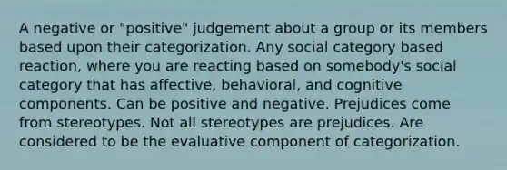 A negative or "positive" judgement about a group or its members based upon their categorization. Any social category based reaction, where you are reacting based on somebody's social category that has affective, behavioral, and cognitive components. Can be positive and negative. Prejudices come from stereotypes. Not all stereotypes are prejudices. Are considered to be the evaluative component of categorization.