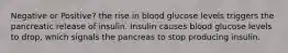 Negative or Positive? the rise in blood glucose levels triggers the pancreatic release of insulin. Insulin causes blood glucose levels to drop, which signals the pancreas to stop producing insulin.