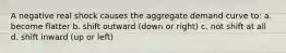 A negative real shock causes the aggregate demand curve to: a. become flatter b. shift outward (down or right) c. not shift at all d. shift inward (up or left)