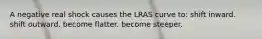 A negative real shock causes the LRAS curve to: shift inward. shift outward. become flatter. become steeper.