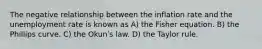 The negative relationship between the inflation rate and the unemployment rate is known as A) the Fisher equation. B) the Phillips curve. C) the Okunʹs law. D) the Taylor rule.