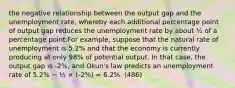 the negative relationship between the output gap and the unemployment rate, whereby each additional percentage point of output gap reduces the unemployment rate by about ½ of a percentage point.For example, suppose that the natural rate of unemployment is 5.2% and that the economy is currently producing at only 98% of potential output. In that case, the output gap is -2%, and Okun's law predicts an unemployment rate of 5.2% − ½ × (-2%) = 6.2%. (486)